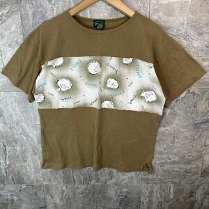 Vintage IZOD Tan and brown‎ shell print tee women's medium #retro